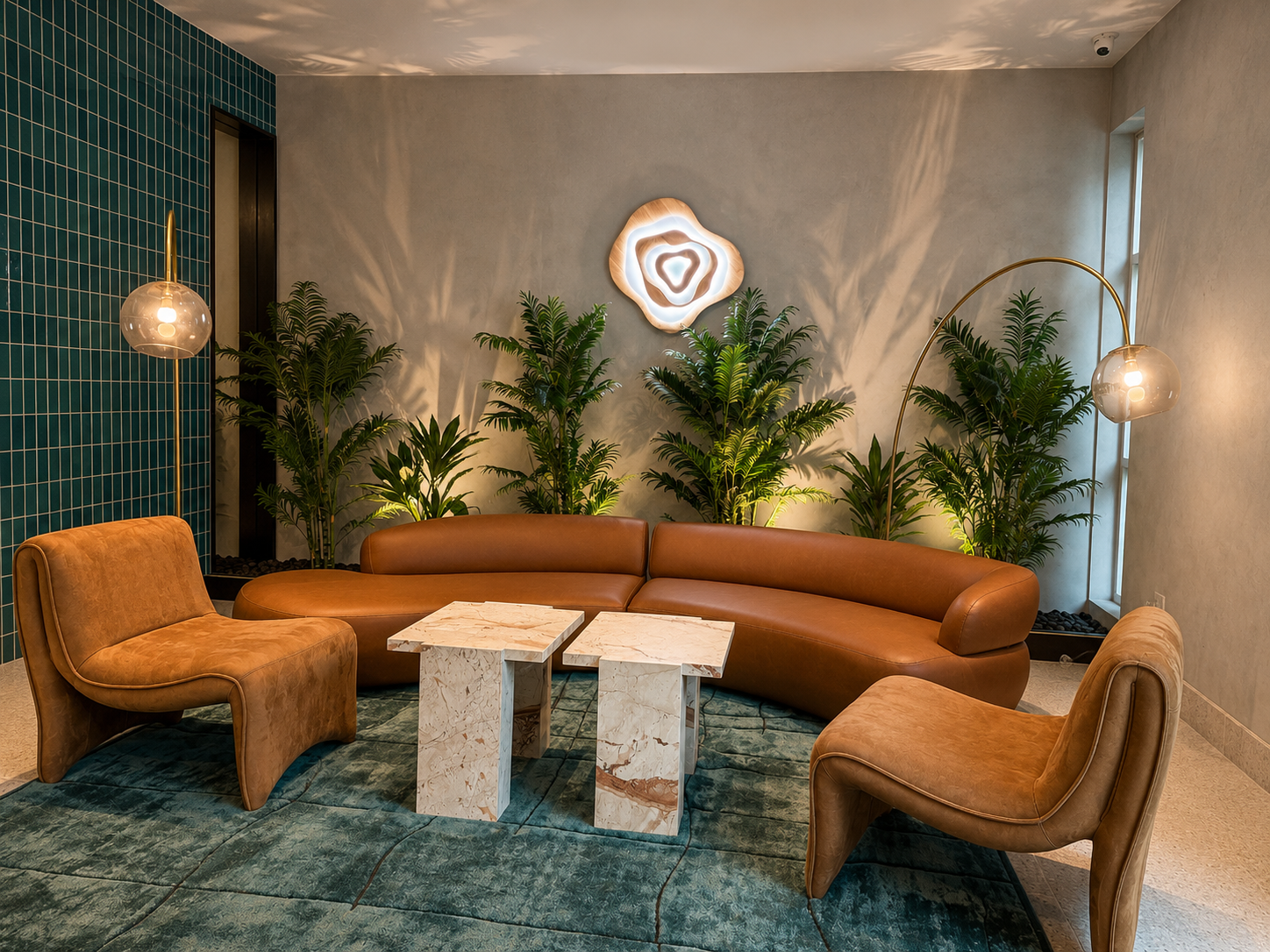 Modern lounge room with brown sectional sofa, chairs, and decorative plants.