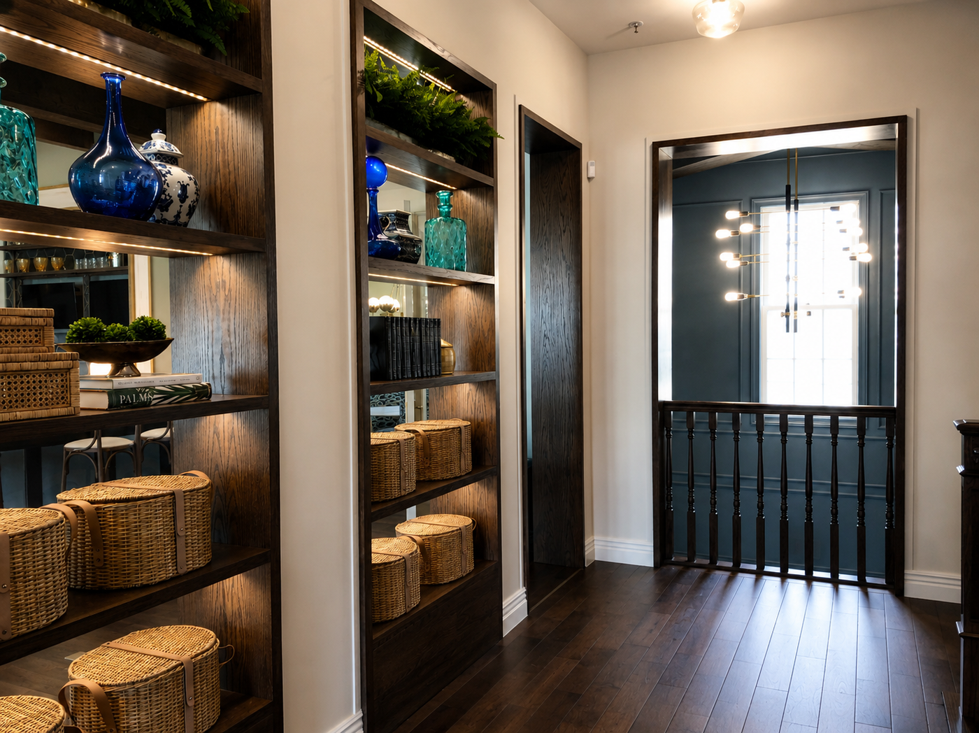 Modern interior with wooden shelves, decorative items, and a glass door.