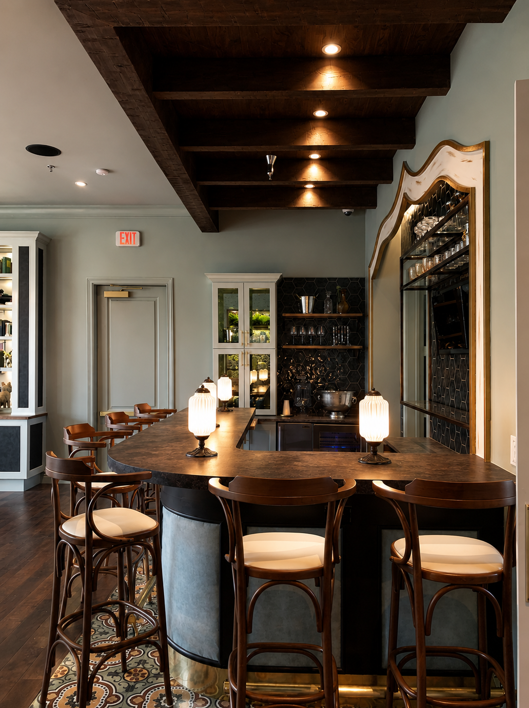 Bar area with wooden tables and chairs in a restaurant setting.