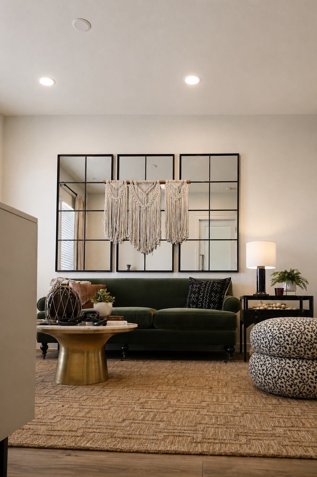 Modern living room with a green sofa, decorative pillows, and a wall mirror. And modern decoration