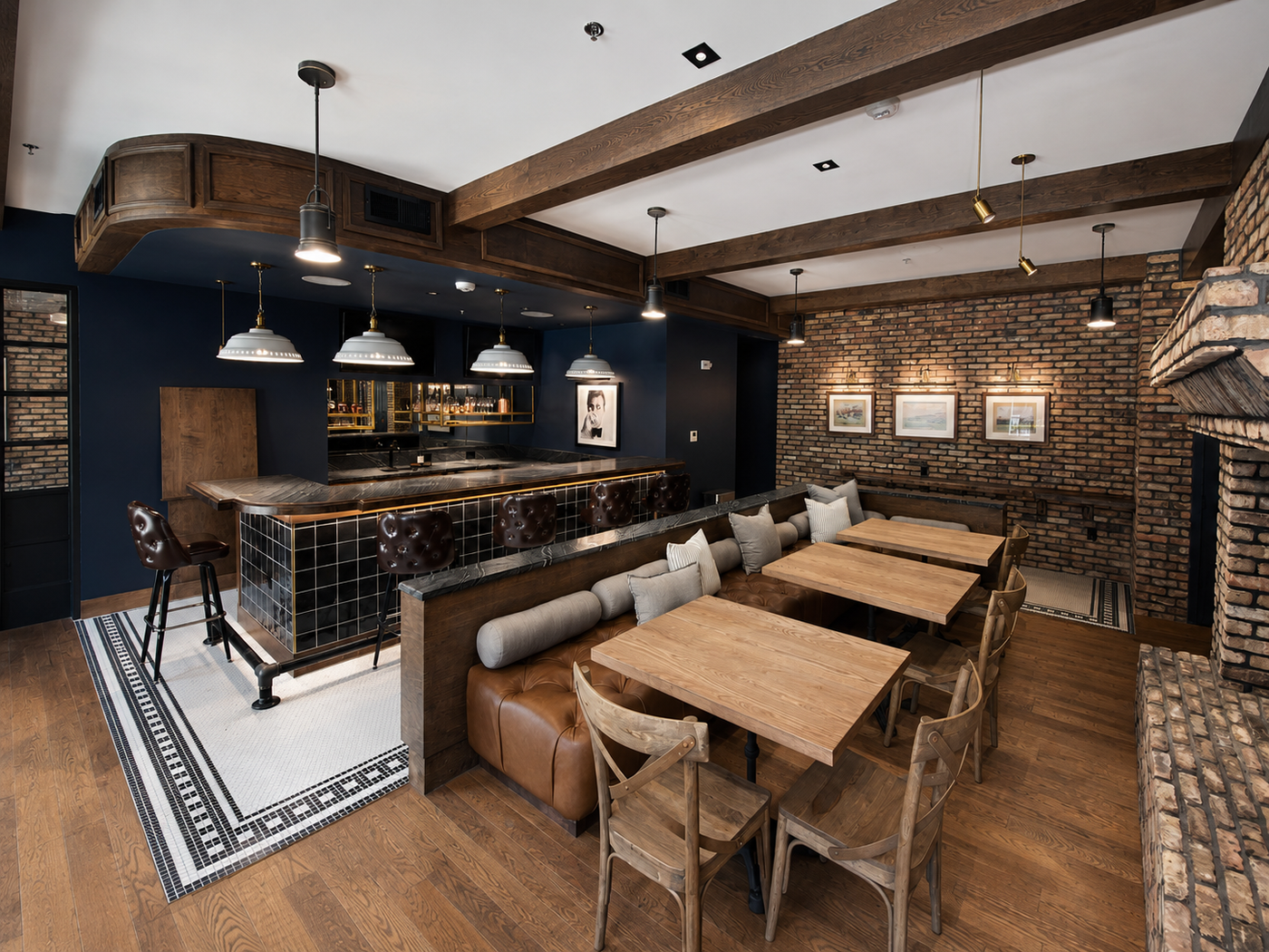 Modern bar interior with wooden tables, chairs, and a bar area.