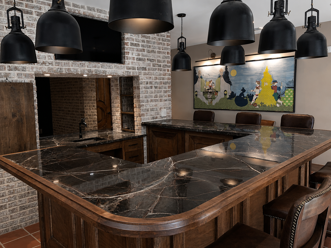 Modern bar with marble island and brick wall
