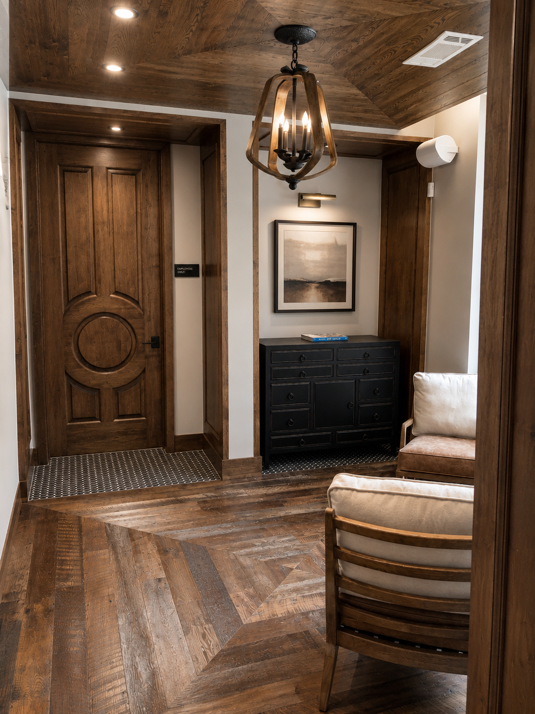 Wooden interior with a door, chair, and decorative elements.
