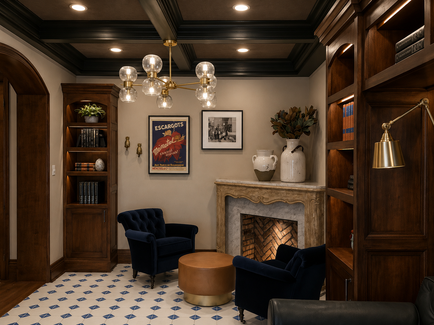 Cozy living room with dark wood bookshelves, a fireplace, and decorative items.