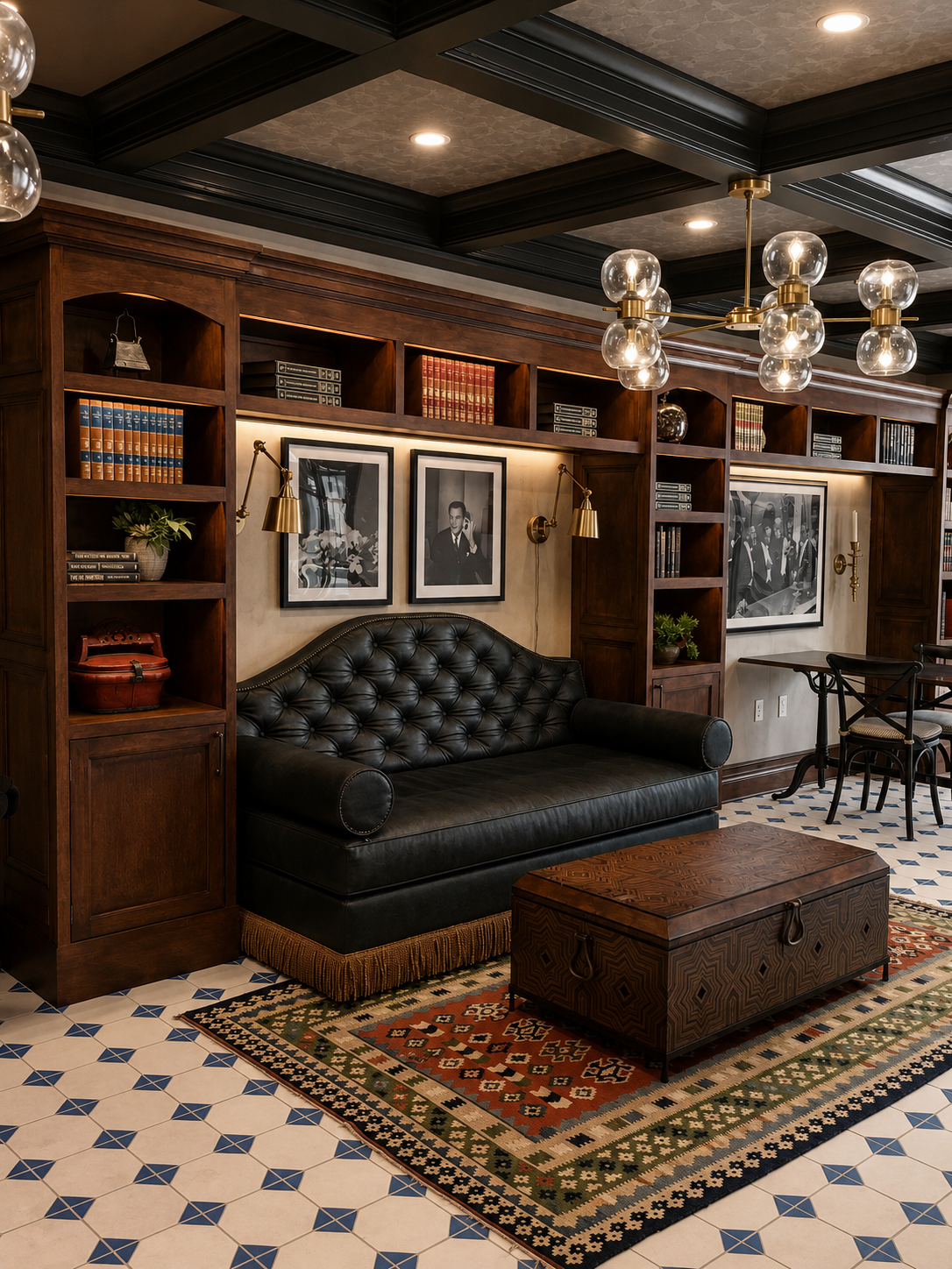 Luxurious lounge room with dark leather sofa, wooden bookshelves, and decorative elements.
