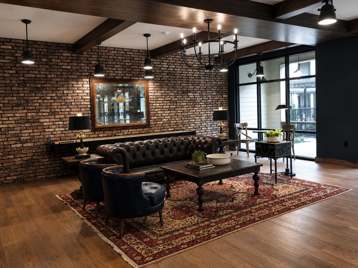 Luxury lounge room with brick wall, leather sofa, and wooden floor.