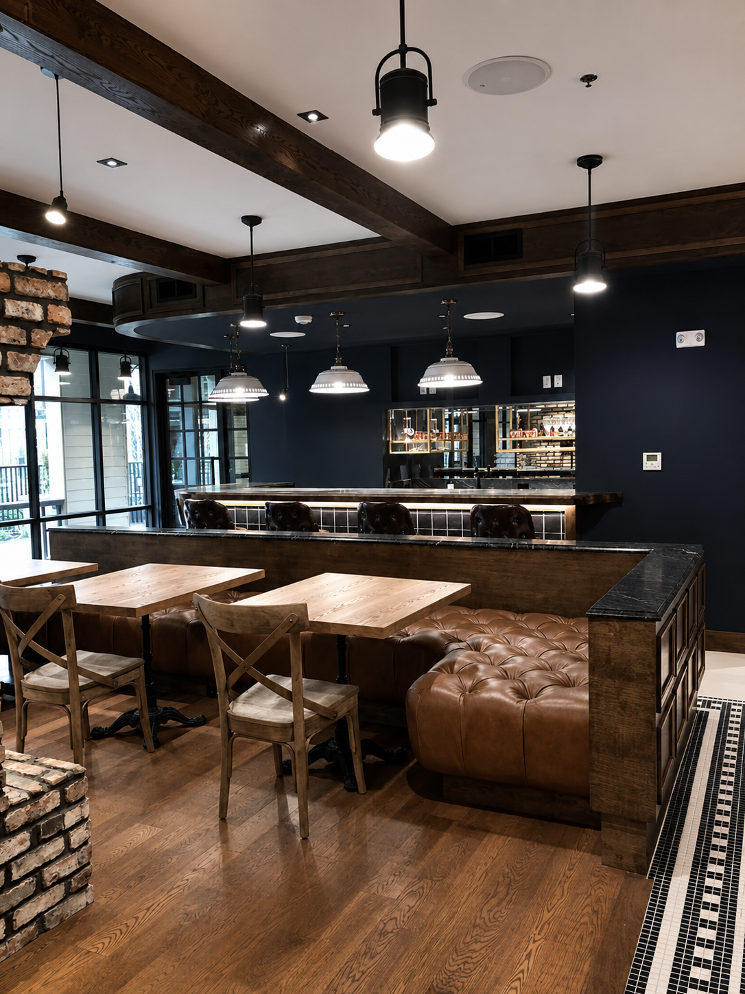 Modern restaurant interior with wooden tables, chairs, and a bar area.