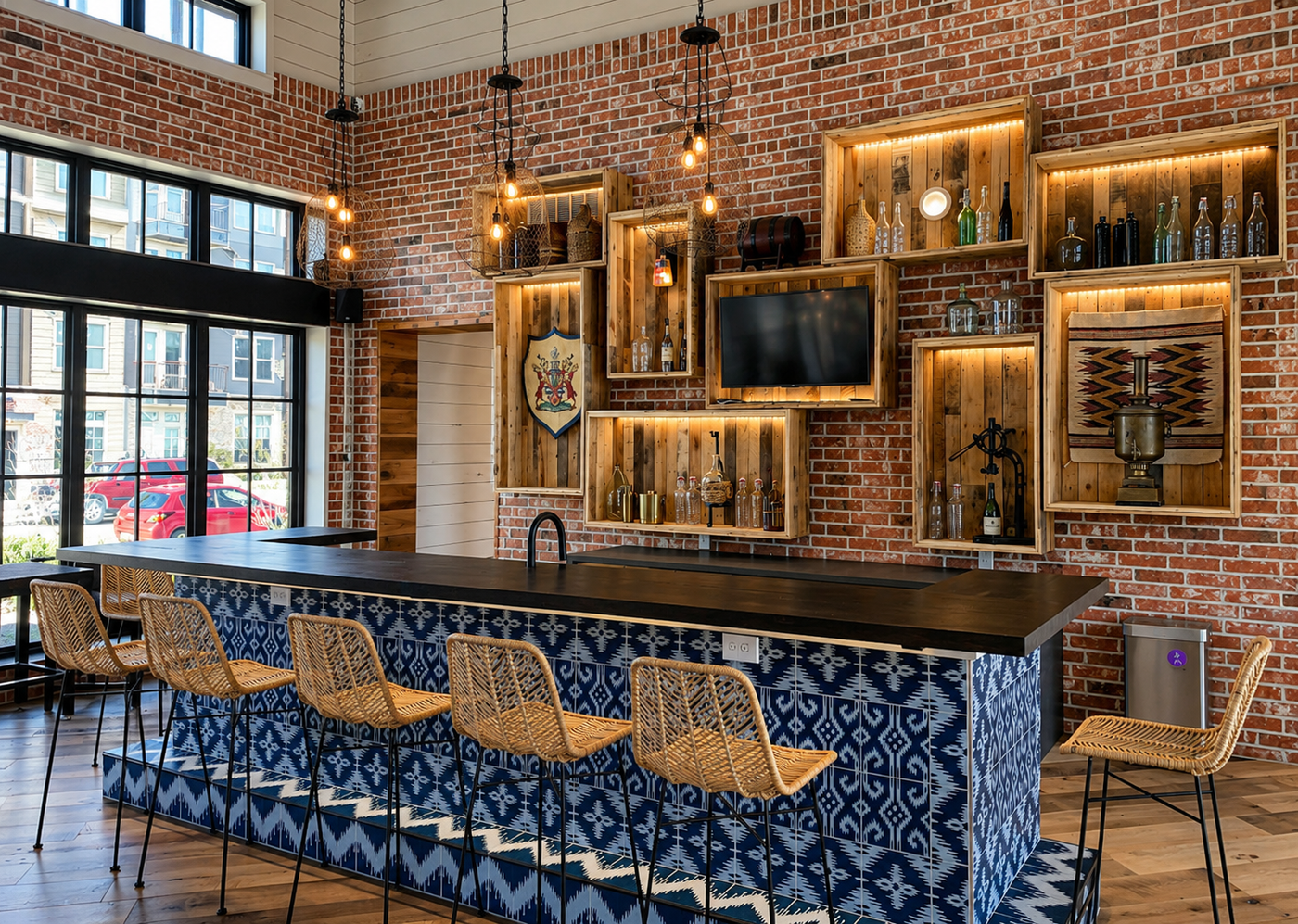 Modern bar area with brick walls, wooden shelves, and wicker chairs.