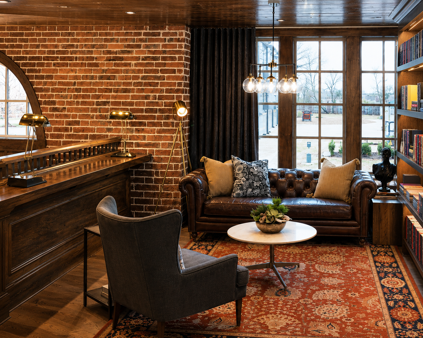 Cozy interior with a brown leather sofa, wooden tables, and brick walls.