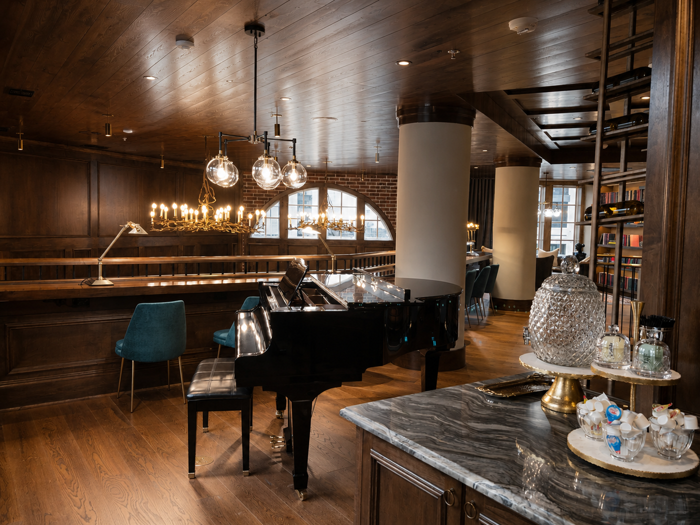 Grand piano in a stylish room with wooden walls and chandeliers