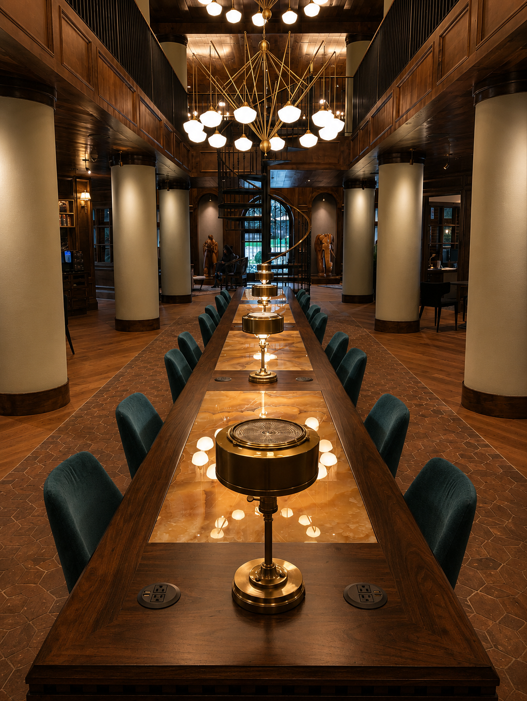 Long wooden table with decorative lamps and chairs in a stylish room with high ceilings and large chandelier.